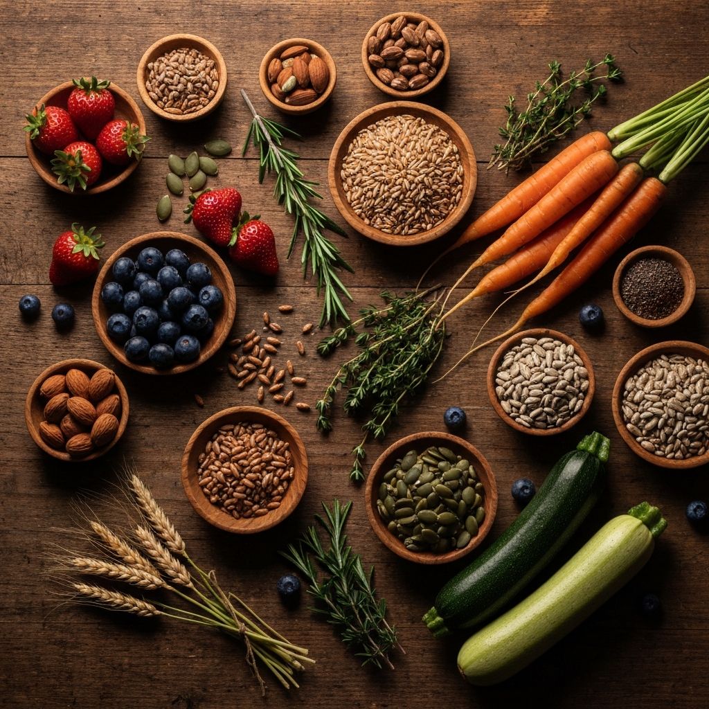 Разнообразие от пресни натурални съставки — плодове, зеленчуци, билки и ядки на дървена повърхност