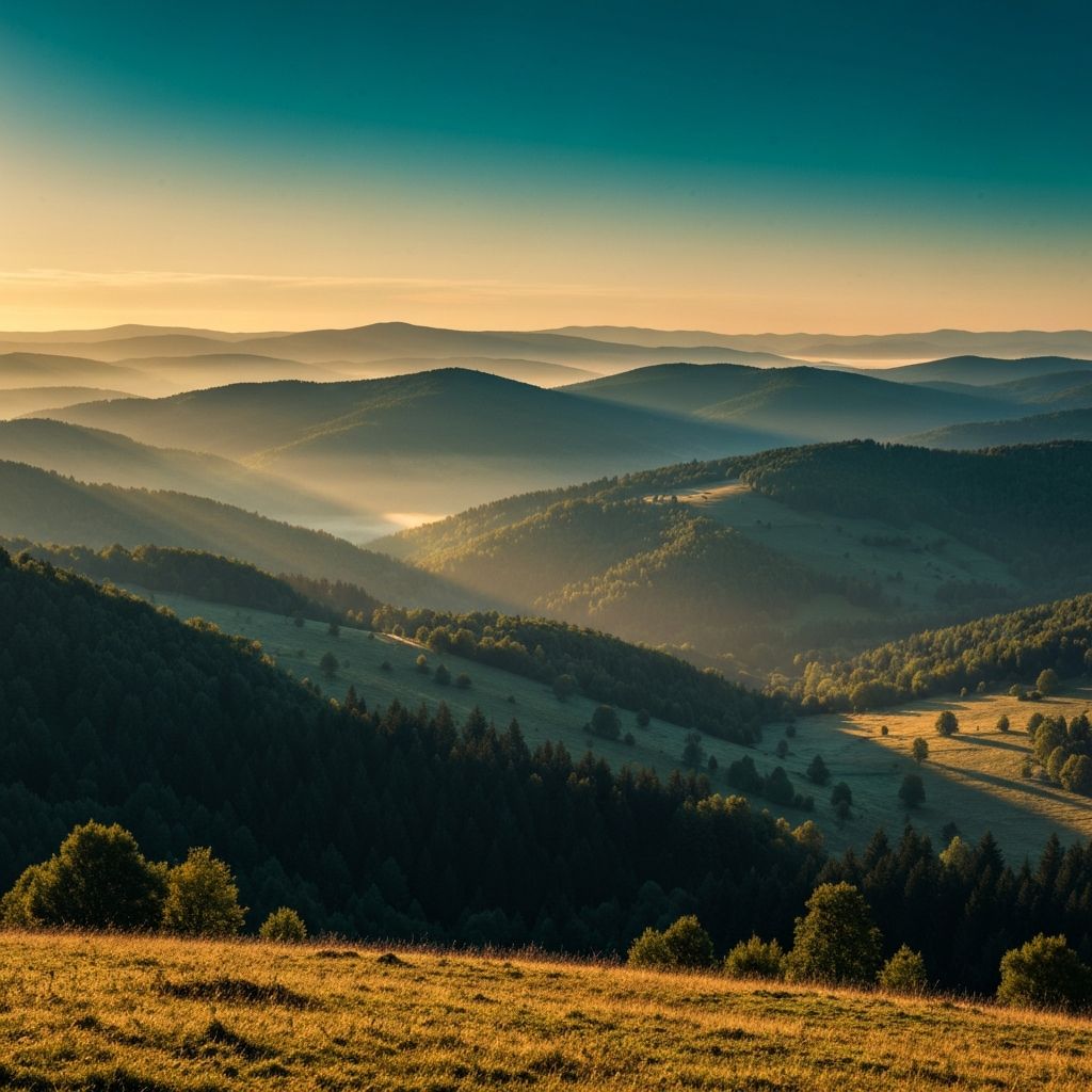 Панорамен изглед на мъглива планинска гора при изгрев — символ на природата и спокойствието