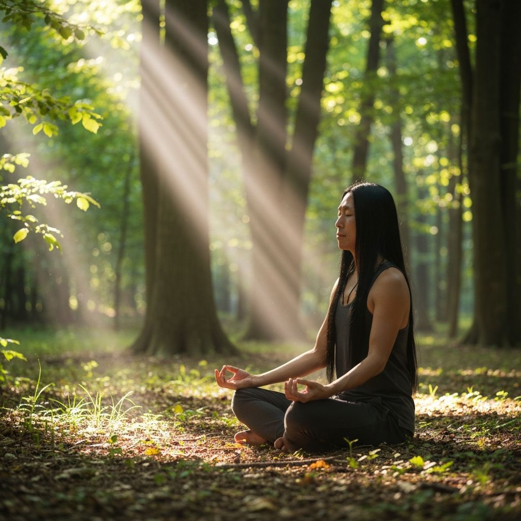 Човек, медитиращ спокойно в гора с утринна светлина, символизираща спокойствие и баланс